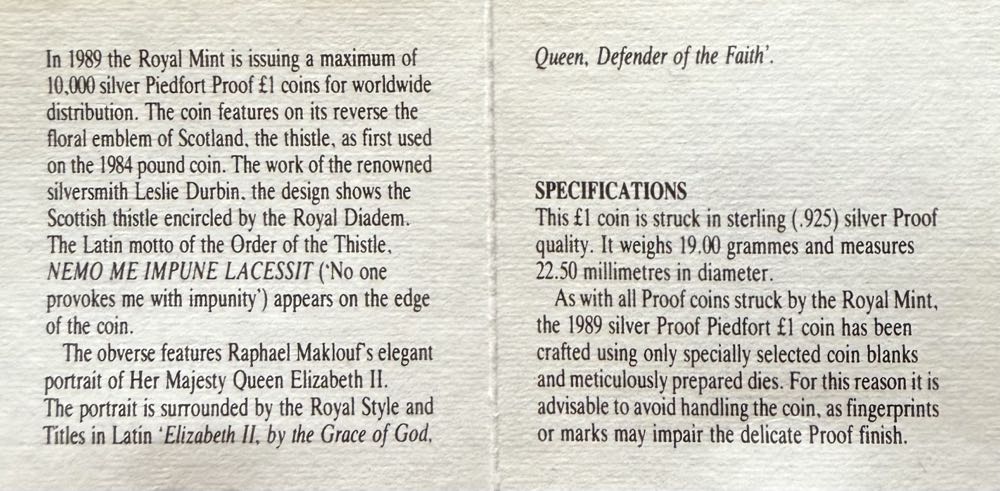 1989 Scottish Thistle Piedfort £1  coin collectible - Main Image 4