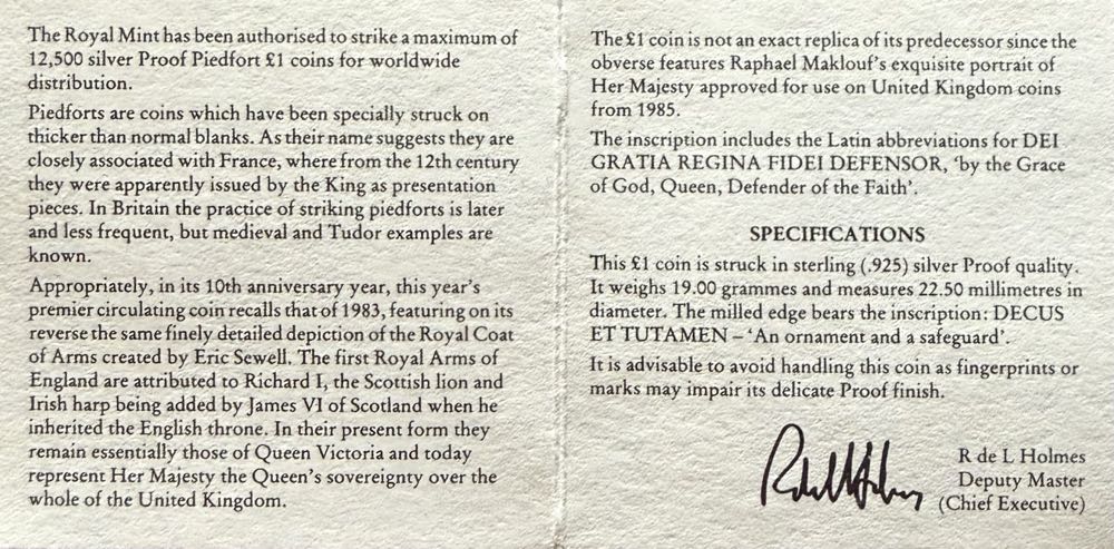 1993 Royal Coat Of Arms Piedfort £1  coin collectible - Main Image 4