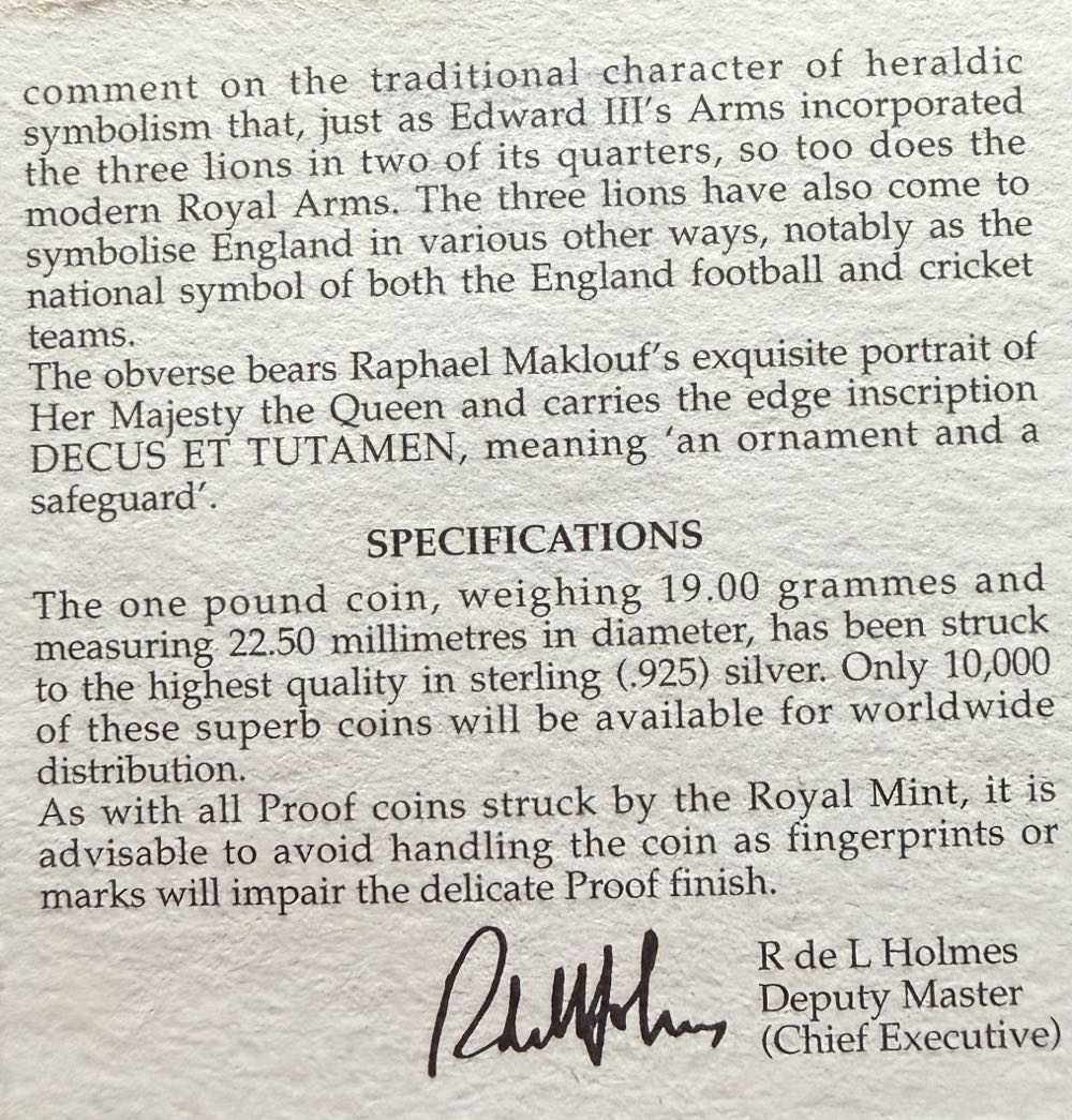 1997 English Three Lions Piedfort £1  coin collectible - Main Image 4