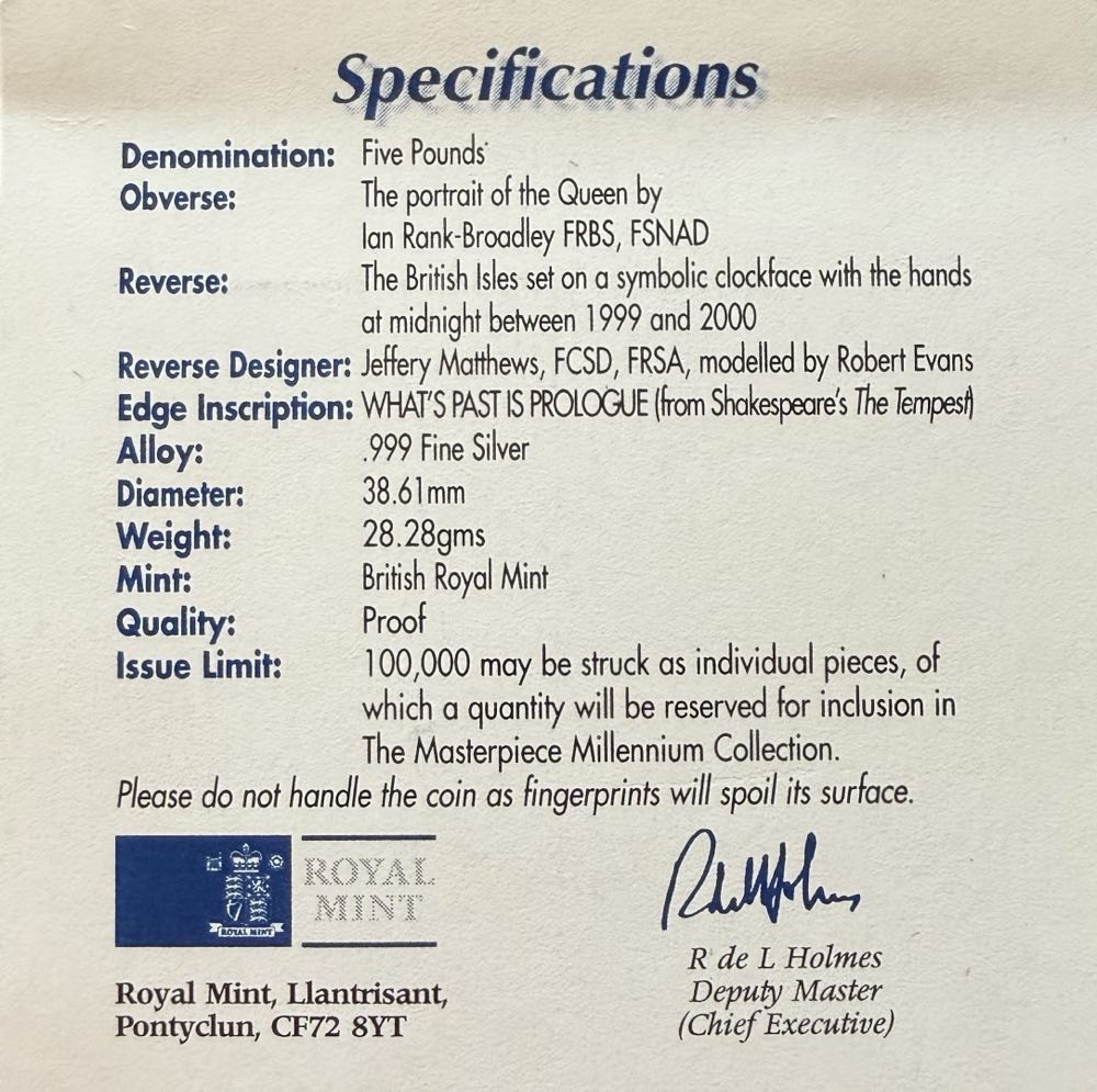 1999 Millennium Silver £5  coin collectible - Main Image 4