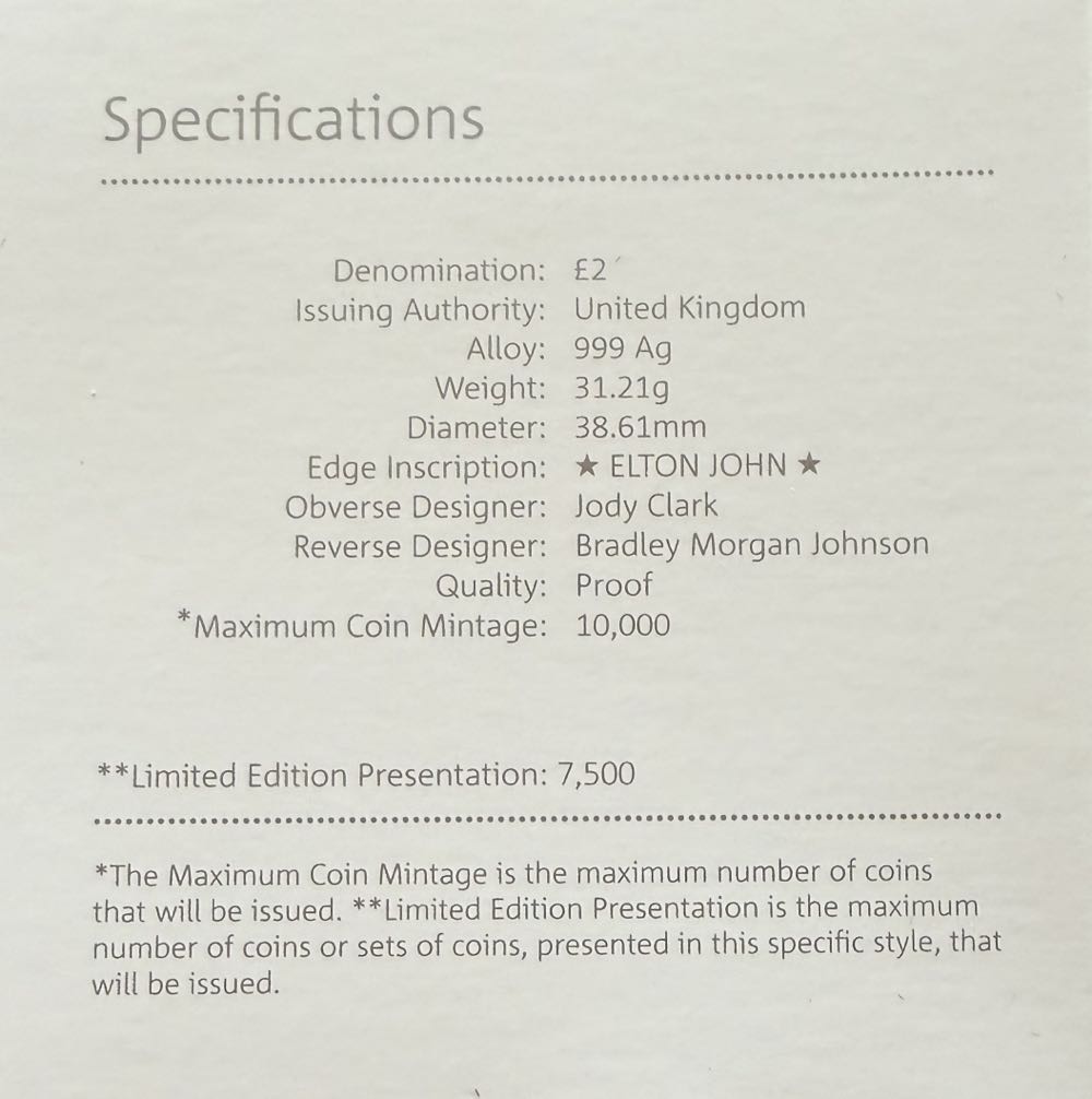 2020 Elton John One Ounce £2  coin collectible - Main Image 4