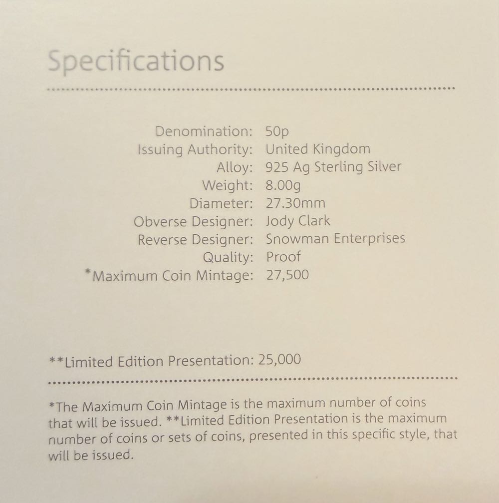 2019 The Snowman Silver 50p  coin collectible - Main Image 4