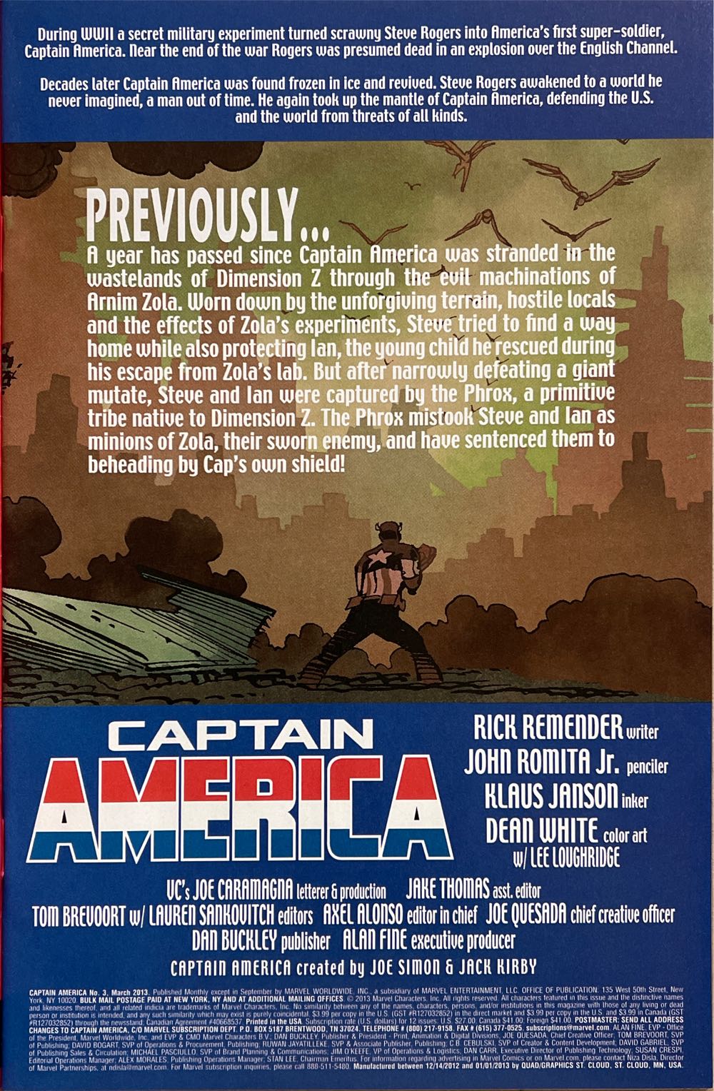 Captain America (2013) - Marvel (3 - Mar 2013) comic book collectible [Barcode 75960607904900311] - Main Image 2