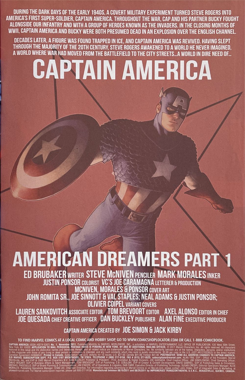 Captain America - Marvel Worldwide Inc. (1 - Nov 2011) comic book collectible [Barcode 75960607613000114] - Main Image 2