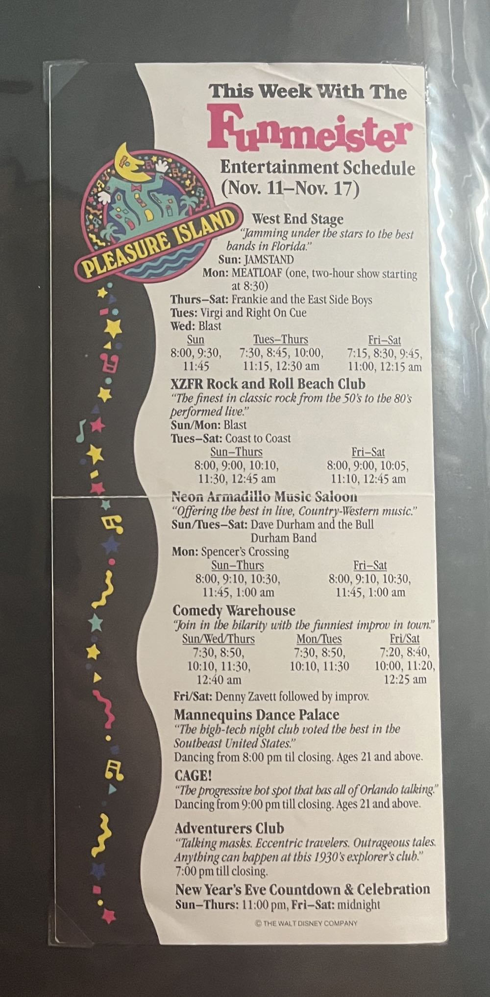 Pleasure Island Entertainment Schedule Brochure, 1990’s
