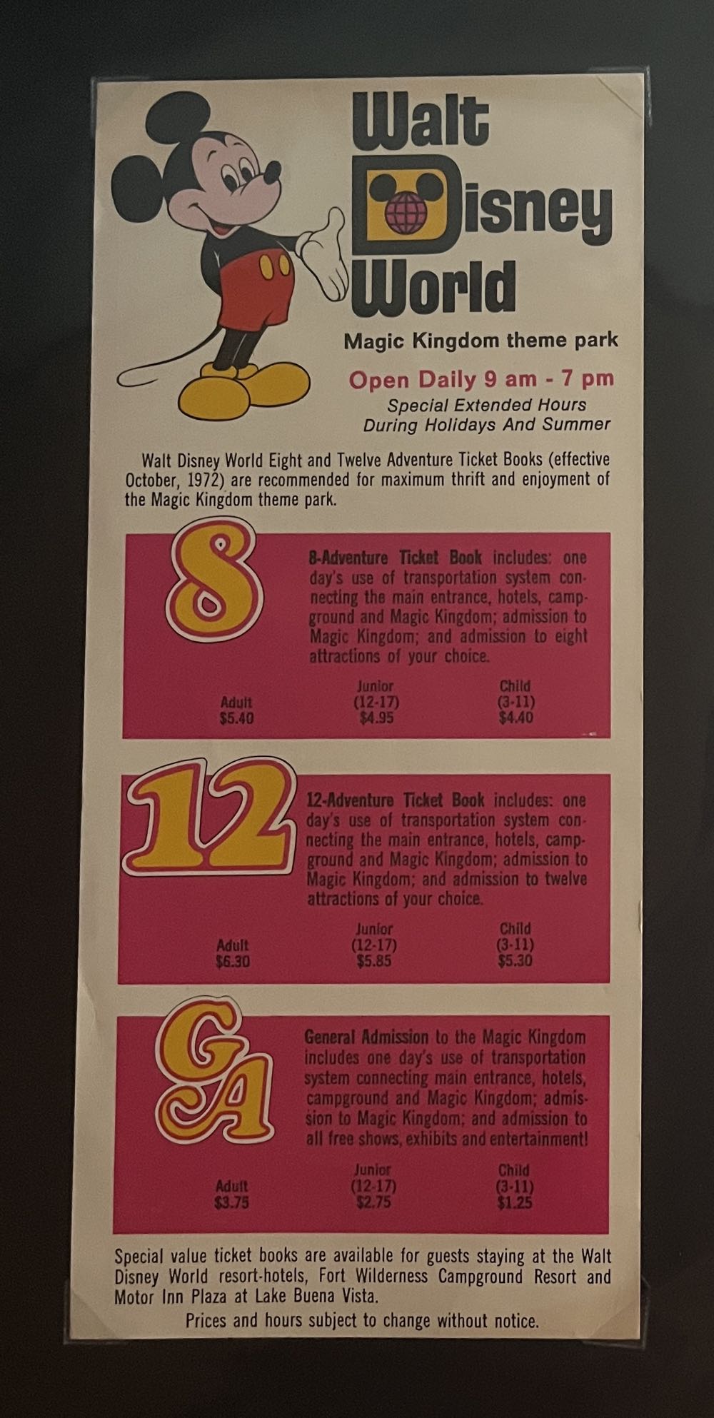 Walt Disney World Magic Kingdom Ticket Price Guide Brochure, 1972