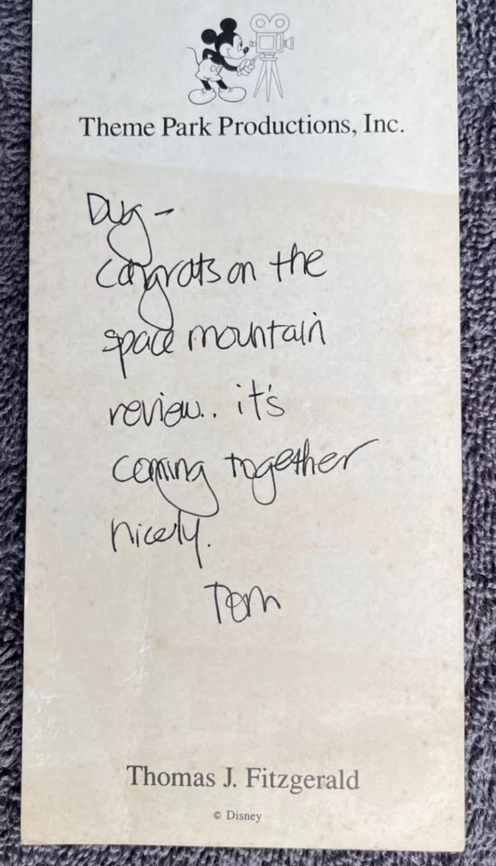 Walt Disney Imagineering Tom Fitzgerald Fed-Ex Space Mountain Note