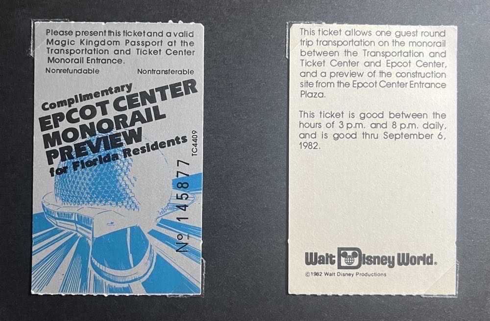 EPCOT Center Monorail Preview Tickets, 1982
