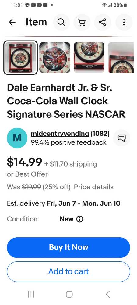 Coca-Cola Nascar Wall Clock Dale Earnhardt Jr & Sr. Signature  Series  - Coca-Cola vinyl figure collectible - Main Image 2