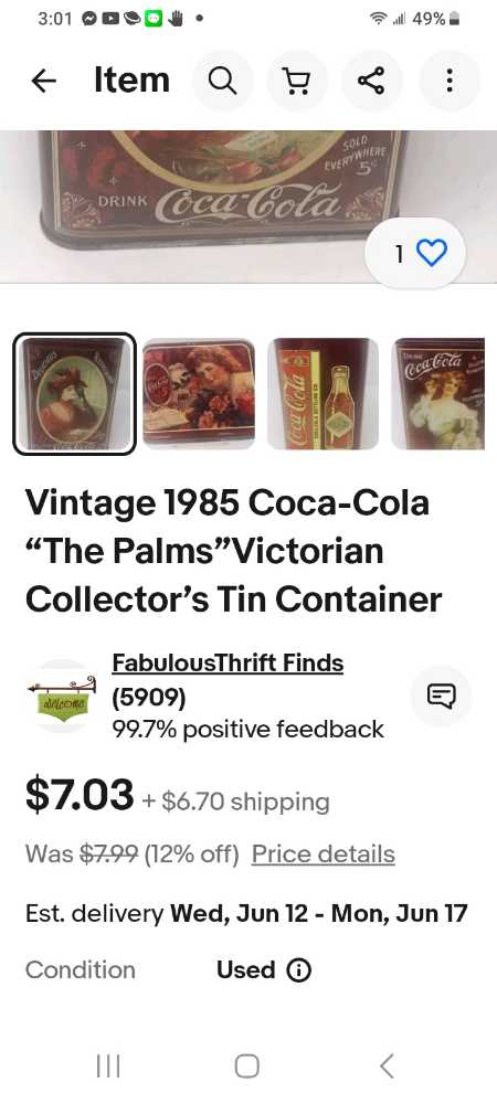 Coca-Cola Metal Tin "The Palms” Victorian 1985 - Coca-Cola vinyl figure collectible - Main Image 3