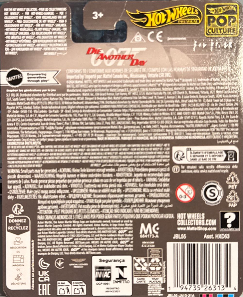 Mattel Hot Wheels Pop Culture Aston Martin Vanquish 007 Die Another Day Premium Bond Jbl55 James  vinyl figure collectible [Barcode 194735263134] - Main Image 2