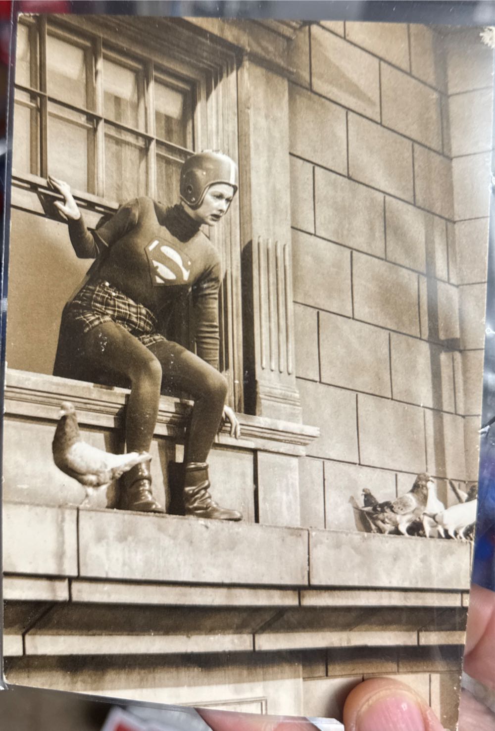 Superman Stein with pewter Handel and pewter figure on top of the lid