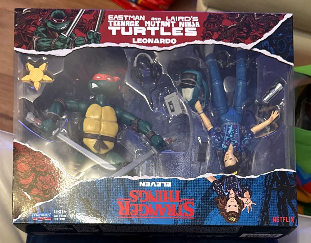 Eleven & Leonardo Bandai 2 Pack | Teenage Mutant Ninja Turtles Leonardo Vs Stranger Things Eleven Action Figures | 6’’ Stranger Things Eleven And Leonardo Ninja Turtle Action Figures With Articulation  vinyl figure collectible [Barcode 3701405810375] - Main Image 2