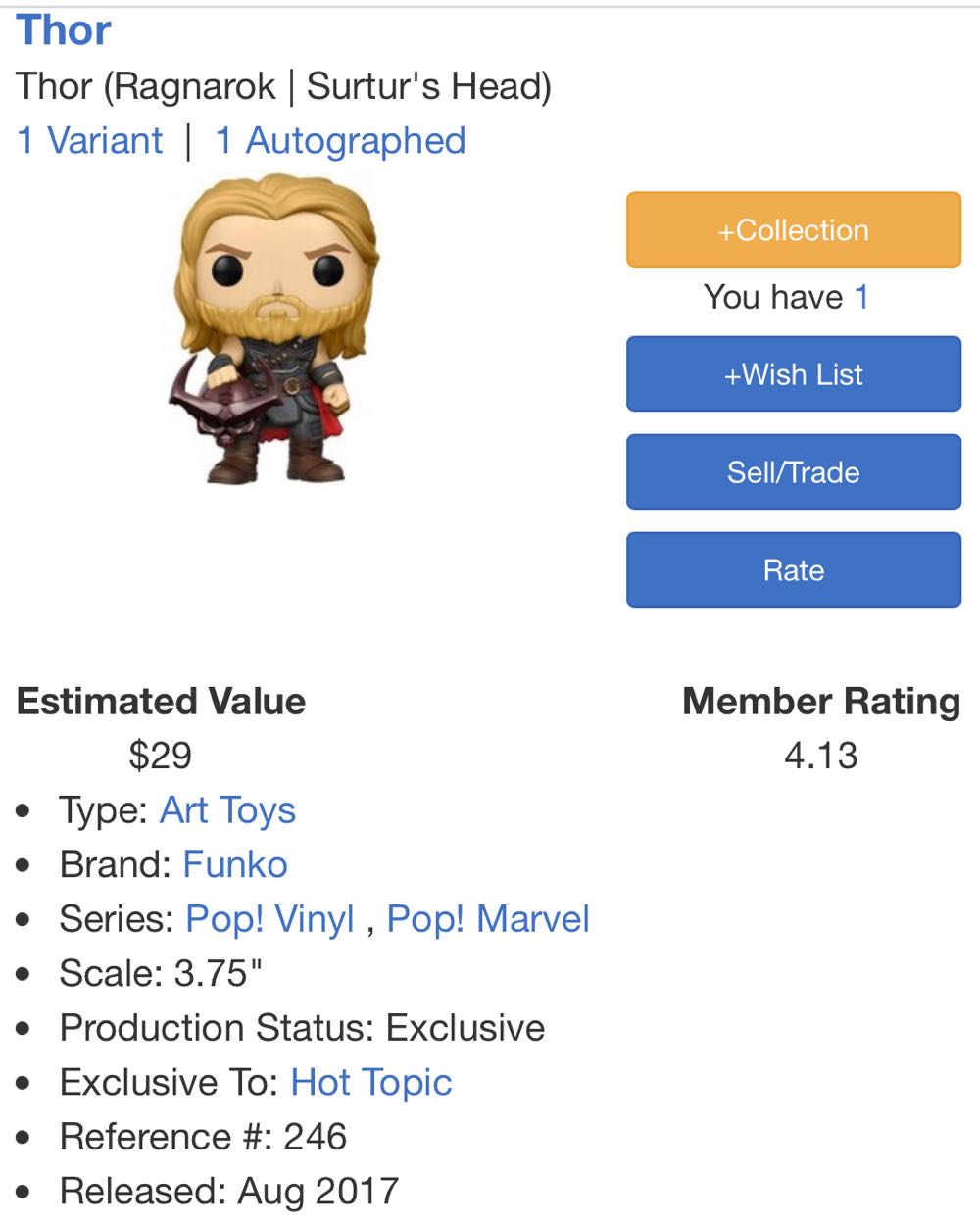 #246 MARVEL: Thor Ragnarok: Thor (Hot Topic) - Thor vinyl figure collectible [Barcode 889698137621] - Main Image 4