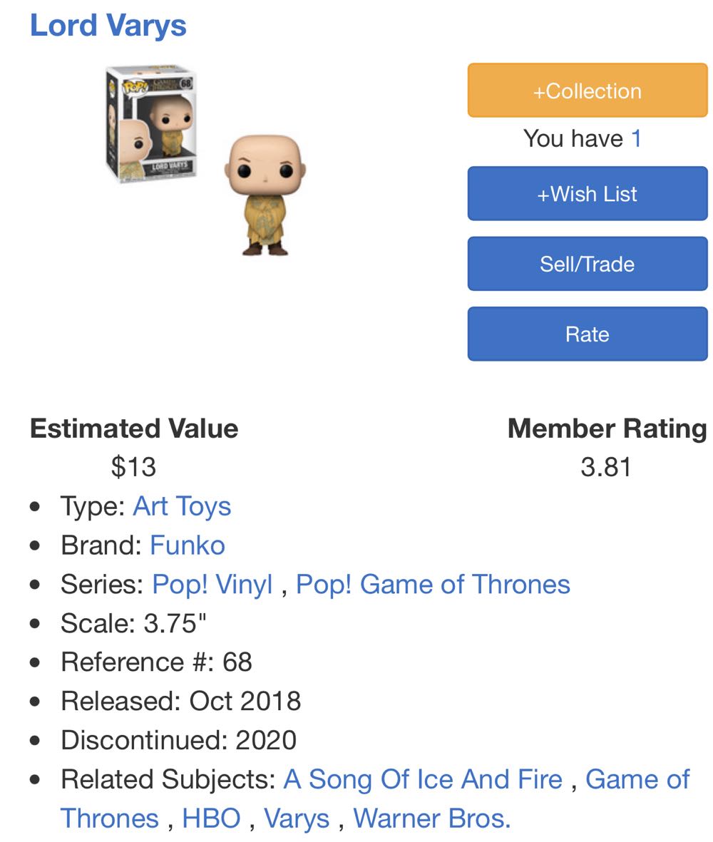 GoT: 68 Lord Varys - Game of Thrones vinyl figure collectible [Barcode 889698346160] - Main Image 4