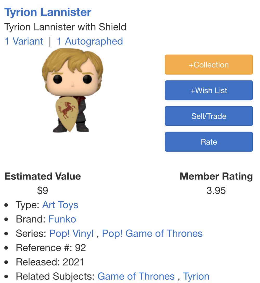 Tyrion Lannister - Game of Thrones vinyl figure collectible [Barcode 889698567978] - Main Image 4
