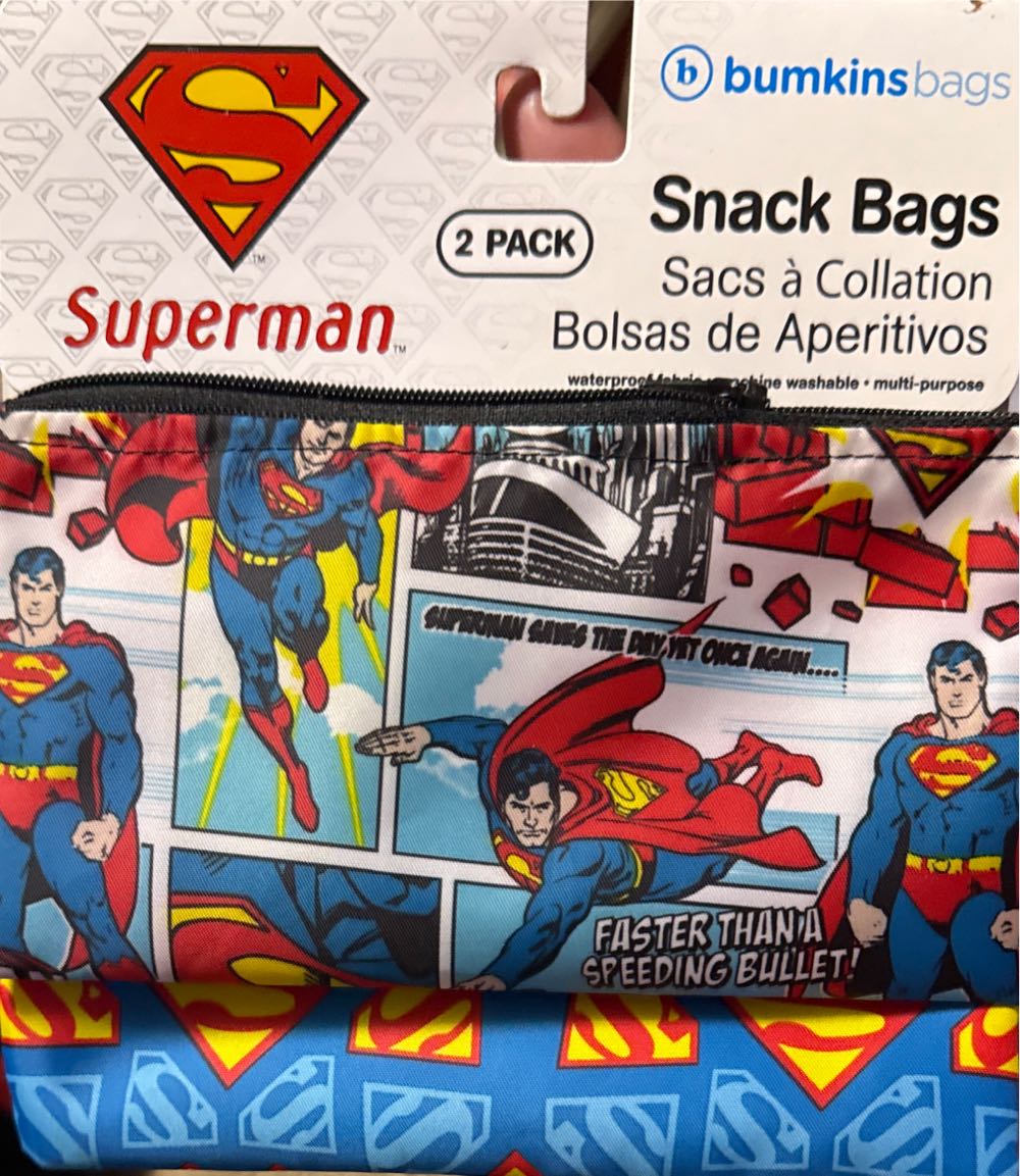 Superman Reusable Snack Bags For Kids School Lunch and Adults Washable Fabric Waterproof Cloth Zip Bag Supplies Travel Pouch Food-safe 2-pk - DC Comics vinyl figure collectible [Barcode 014292630760] - Main Image 2