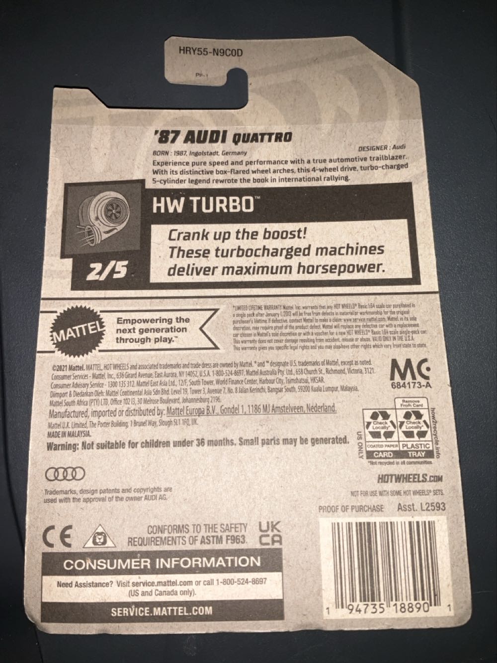 ‘87 Audi Quattro -Hot Wheels New For 2024 HW Turbo  vinyl figure collectible [Barcode 194735188901] - Main Image 2