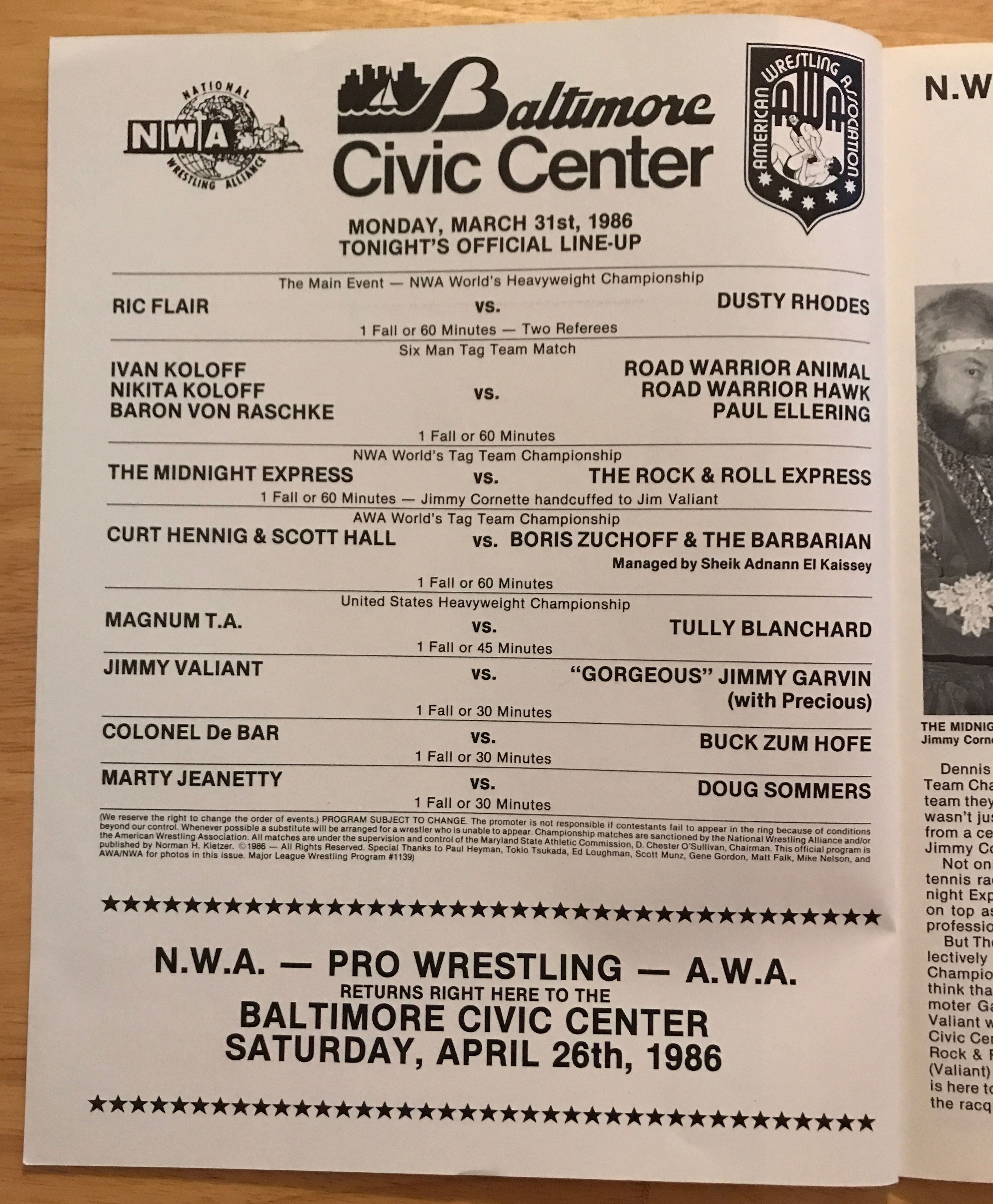 NWA Wrestling Program: Baltimore Civic Center 03/31/1986  (March) magazine collectible - Main Image 2
