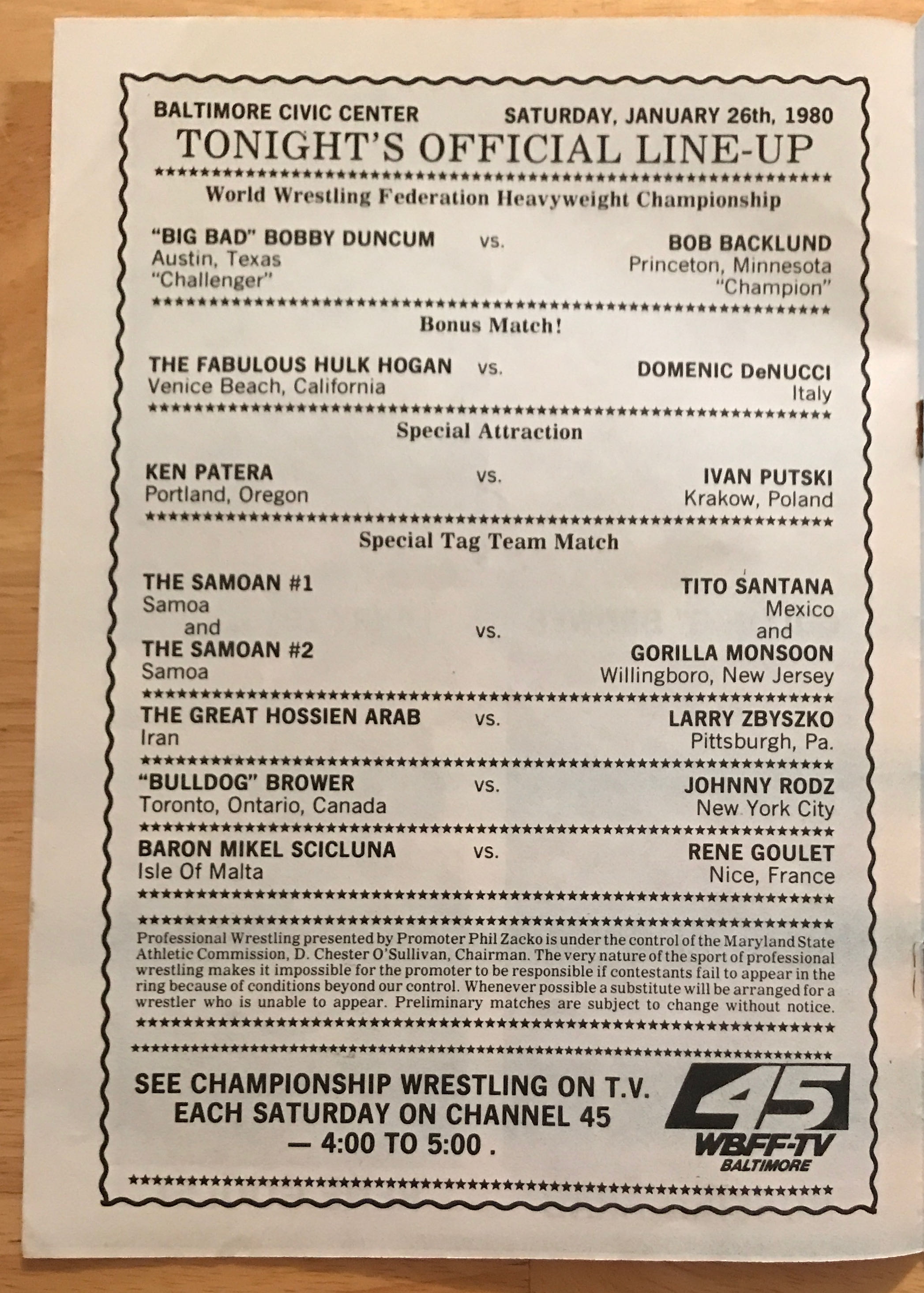 WWF Major League Wrestling from Baltimore Program No. 107 01/26/1980  (January) magazine collectible - Main Image 2
