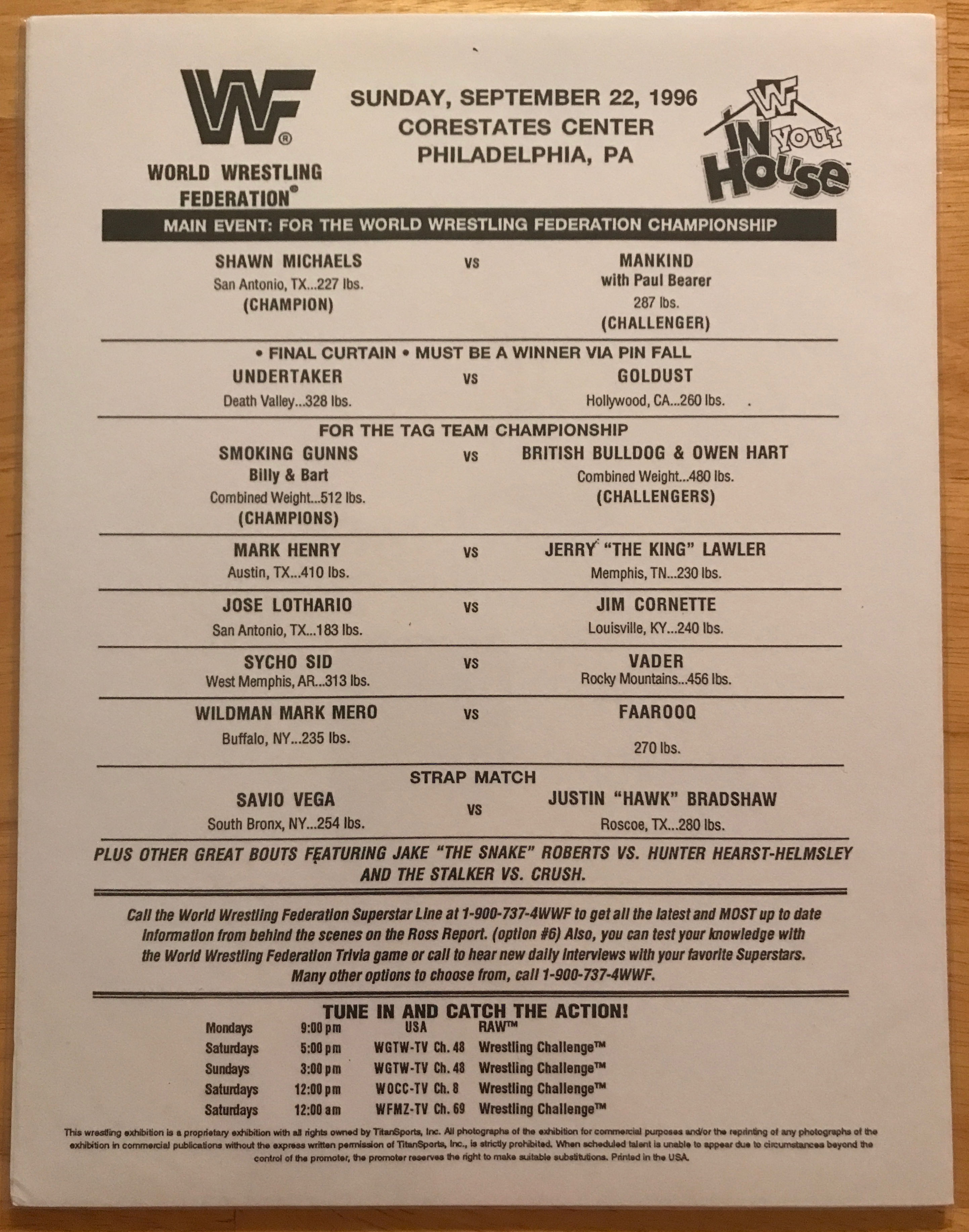 WWF In Your House: Mind Games Line Up Sheet 09/10/1996 (September) magazine collectible - Main Image 1