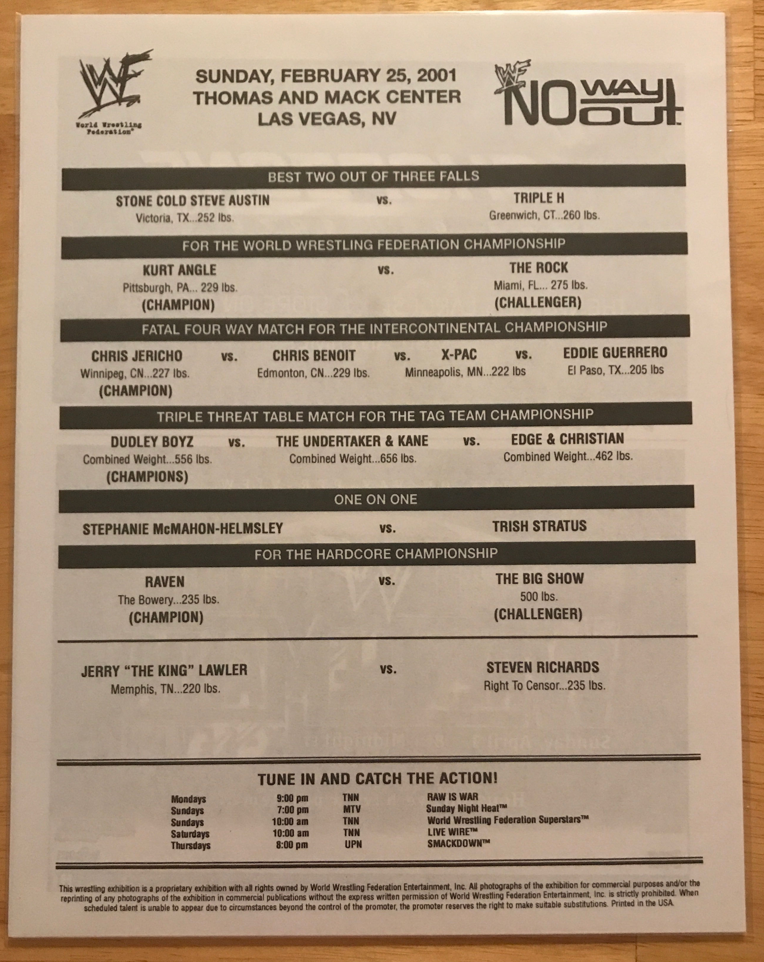 WWF No Way Out 2001 Line Up Sheet  (February) magazine collectible - Main Image 1