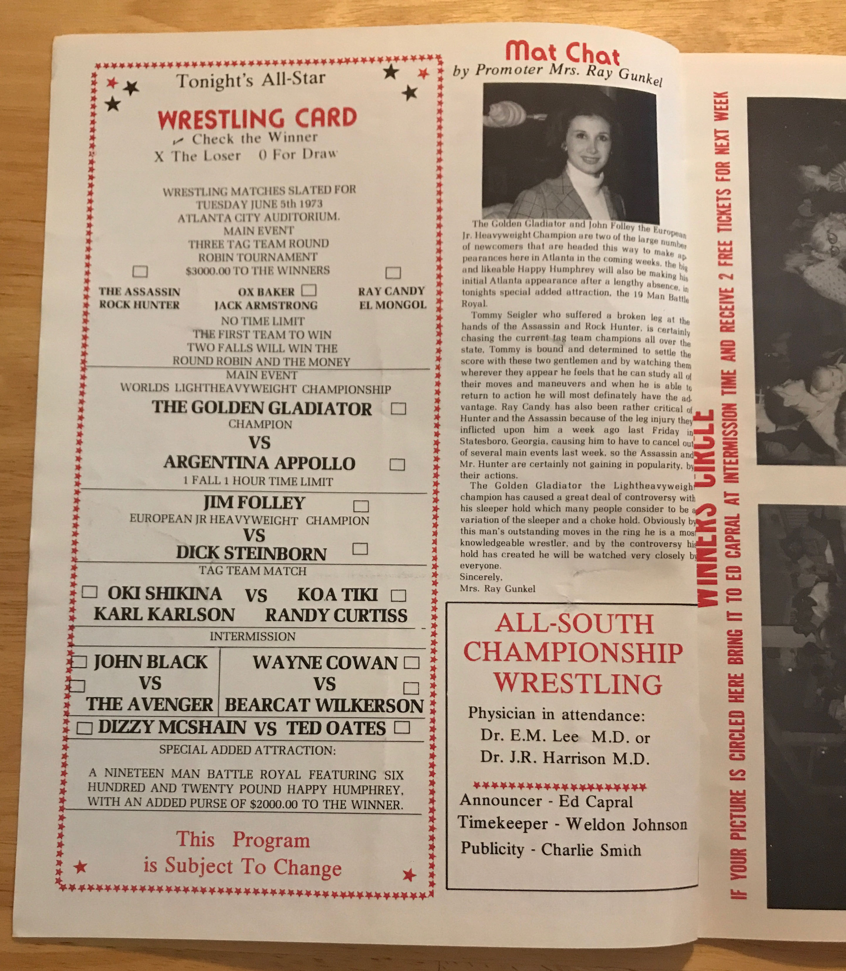 ASWA Georgia - Wrestling News Program 06/19/1973  (June) magazine collectible - Main Image 2