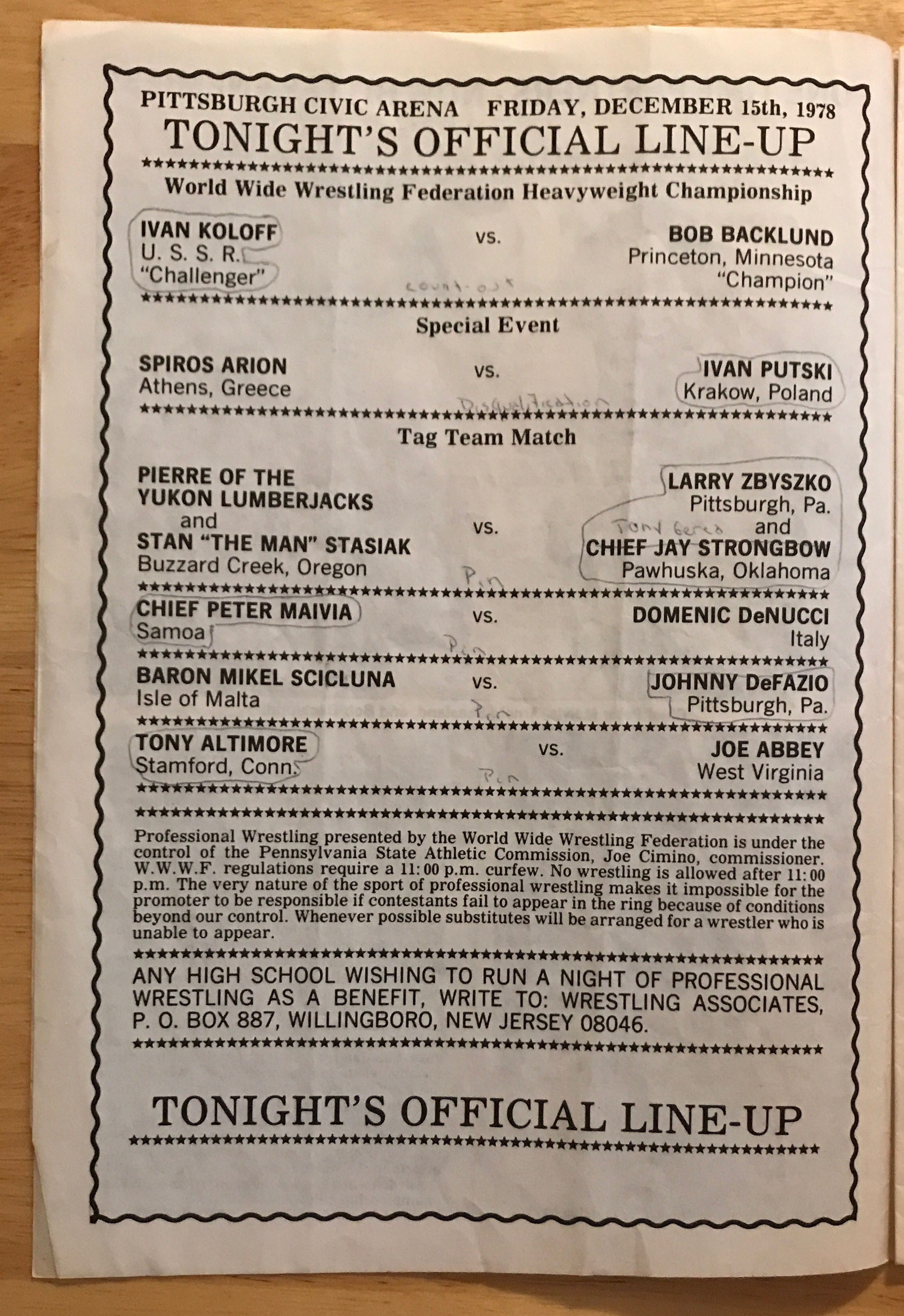WWWF Championship Wrestling from Pittsburg Program No. 92 12/15/1978  (December) magazine collectible - Main Image 2