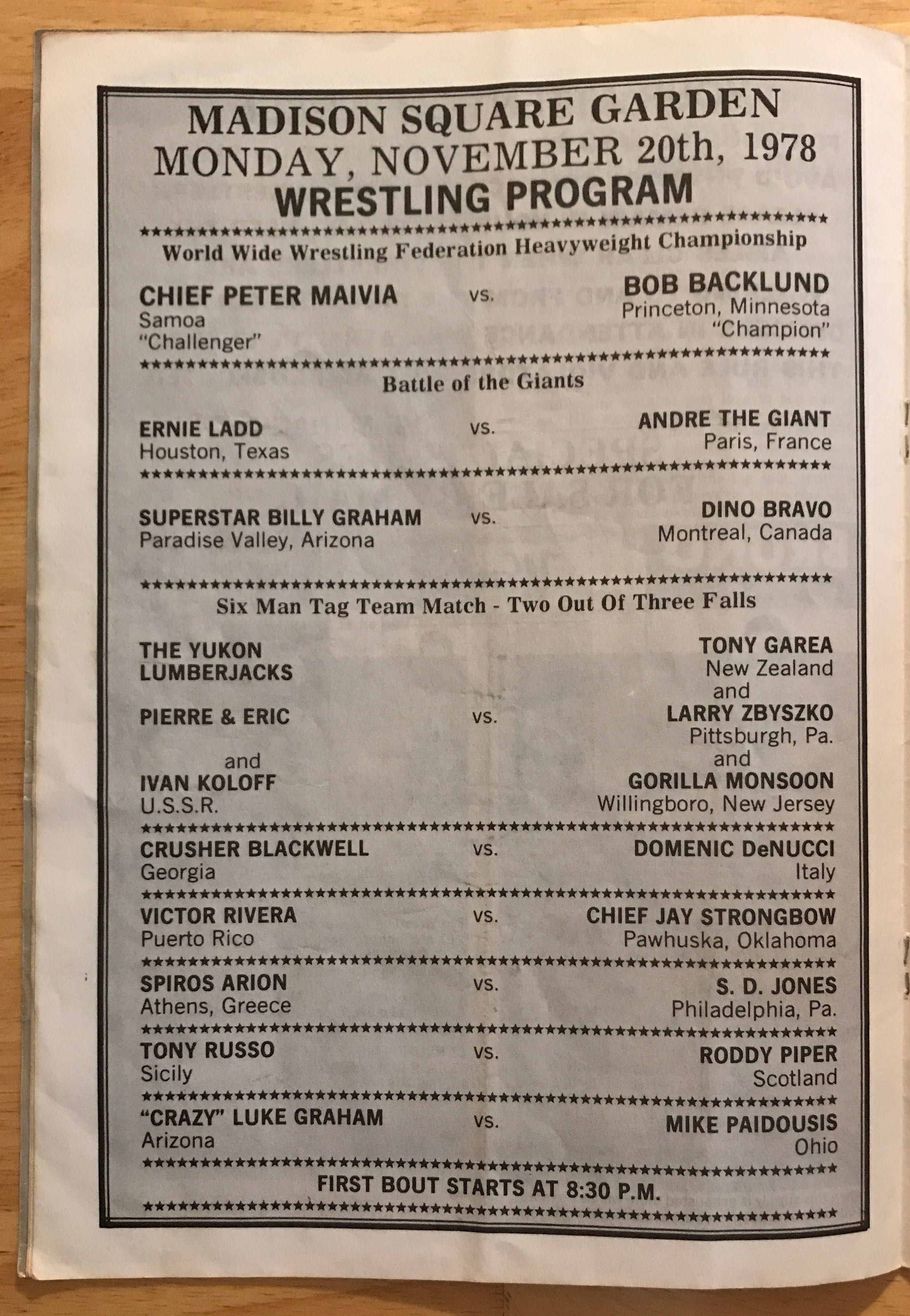 WWWF Championship Wrestling from MSG Program 11/20/1978  (November) magazine collectible - Main Image 2