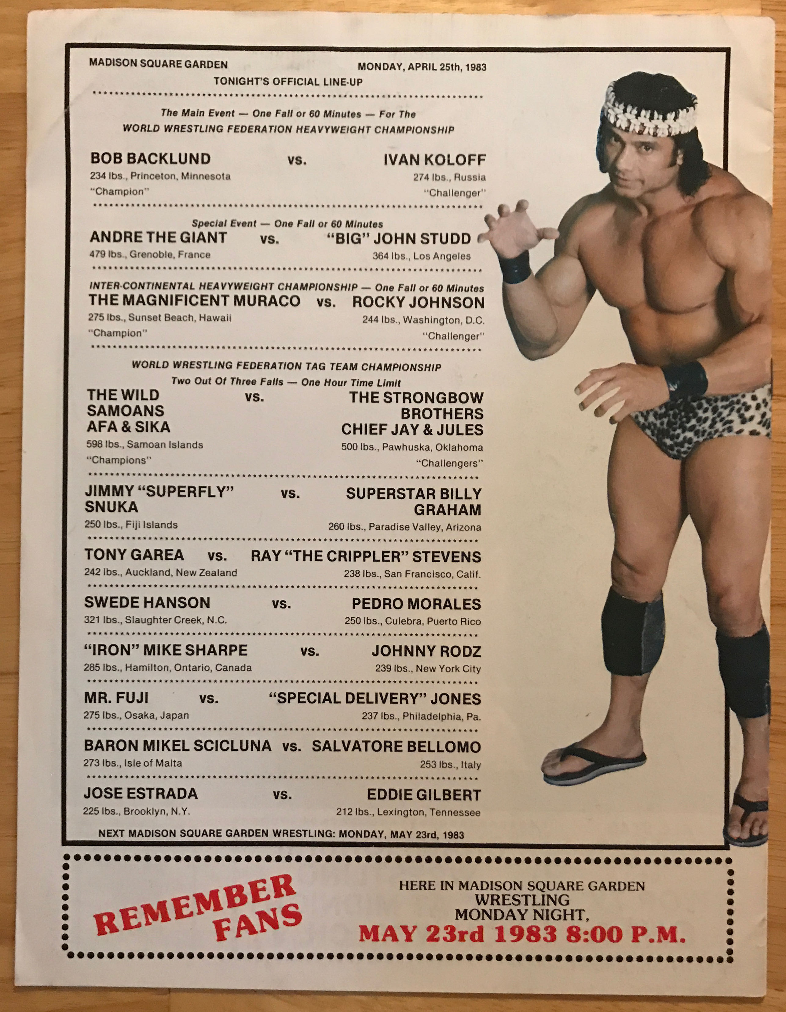 WWF Championship Wrestling from MSG Official Program Magazine #63 04/25/1983  (April) magazine collectible - Main Image 2