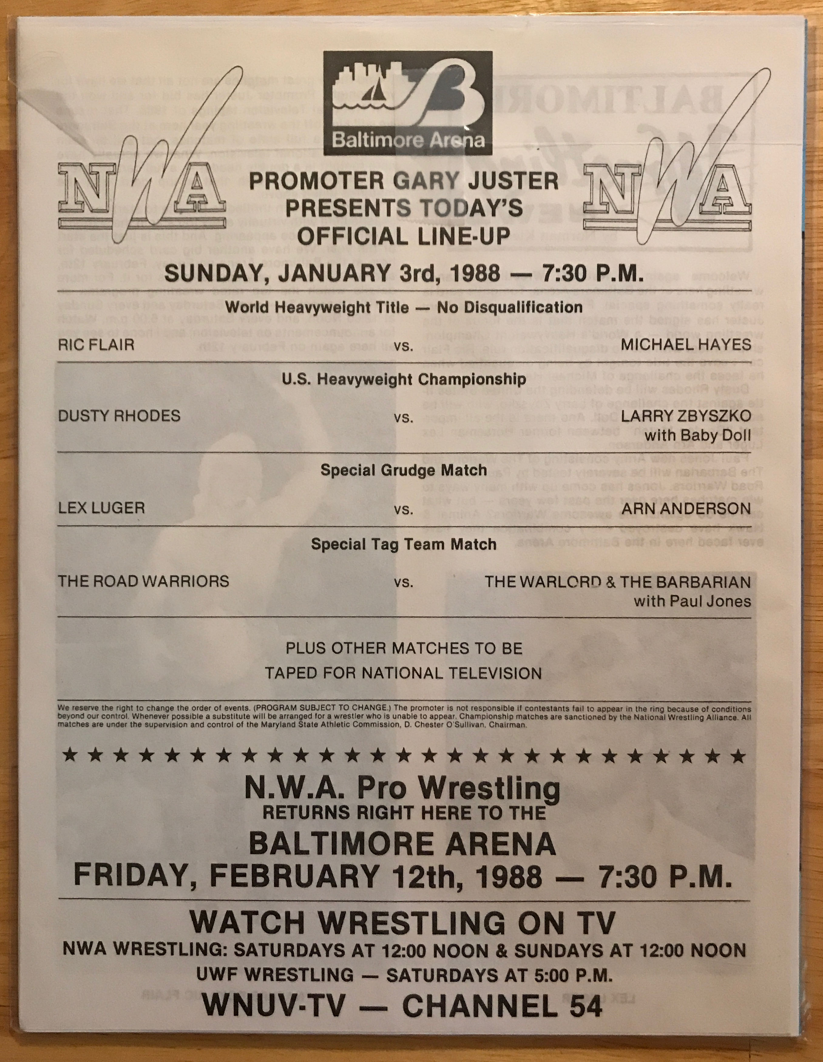 NWA Major League Wrestling Program 1988: #1158 Baltimore 01/03/1988  (January) magazine collectible - Main Image 2