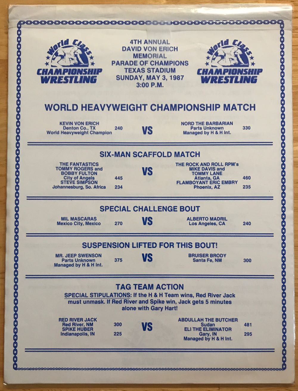 WCCW Official Souvenir Program Vol. 1, No. 22: 4th Annual David Von Erich Memorial Parade Of Champions  (May) magazine collectible - Main Image 2