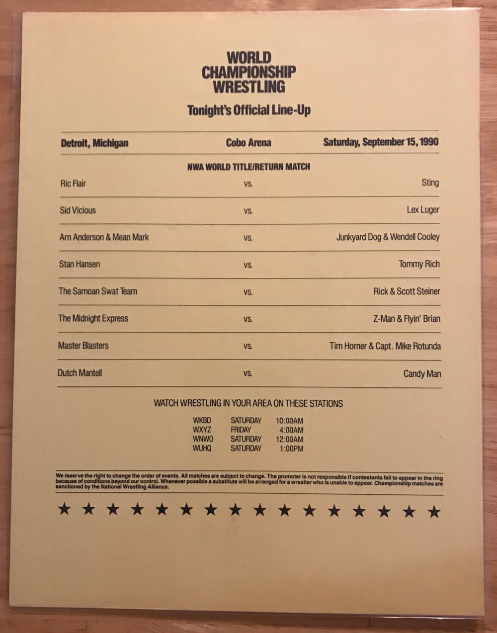 WCW Line Up Sheet: Detroit, MI 09/15/1990 (September) magazine collectible - Main Image 1