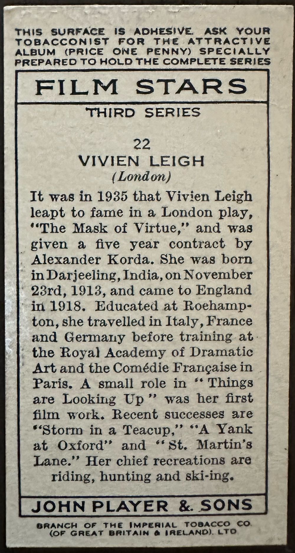 Player’s Cigarette Card  magazine collectible - Main Image 2