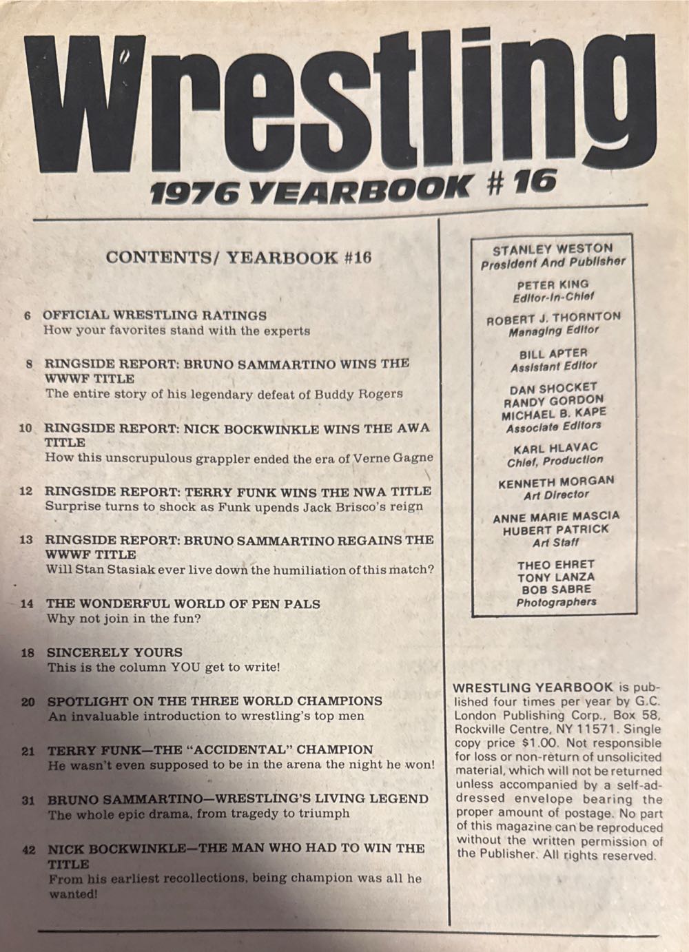 Victory Sports Series Wrestling 1976 Year Book #16  magazine collectible [Barcode 07189647954616] - Main Image 2