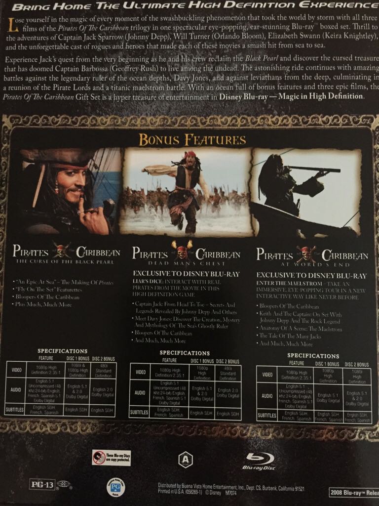 Pirates of the Caribbean: The Curse of the Black Pearl, Pirates of the Caribbean: Dead Man’s Chest, Pirates of the Caribbean: At World’s End Blu-ray movie collectible [Barcode 786936773750] - Main Image 2