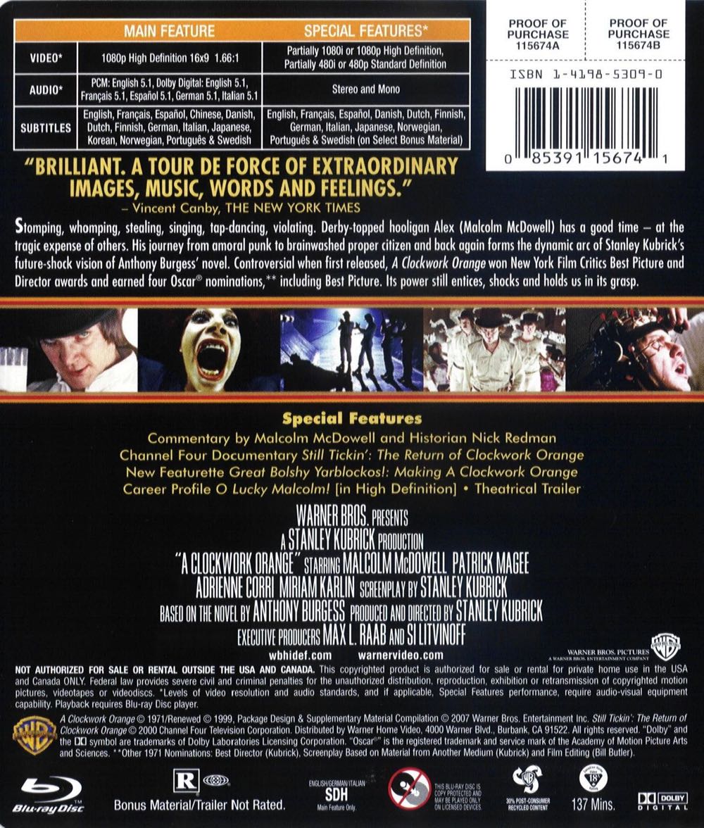 A Clockwork Orange Blu-ray movie collectible [Barcode 883929355839] - Main Image 2