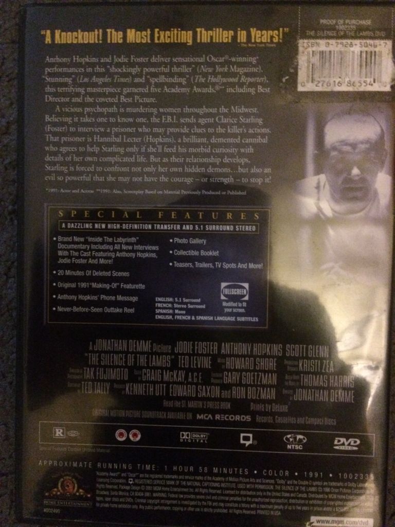 The Silence of the Lambs DVD movie collectible [Barcode 027616865540] - Main Image 2