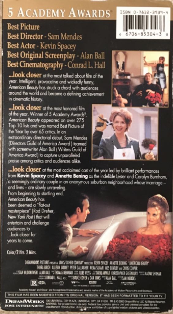 American Beauty VHS movie collectible [Barcode 667068530438] - Main Image 2