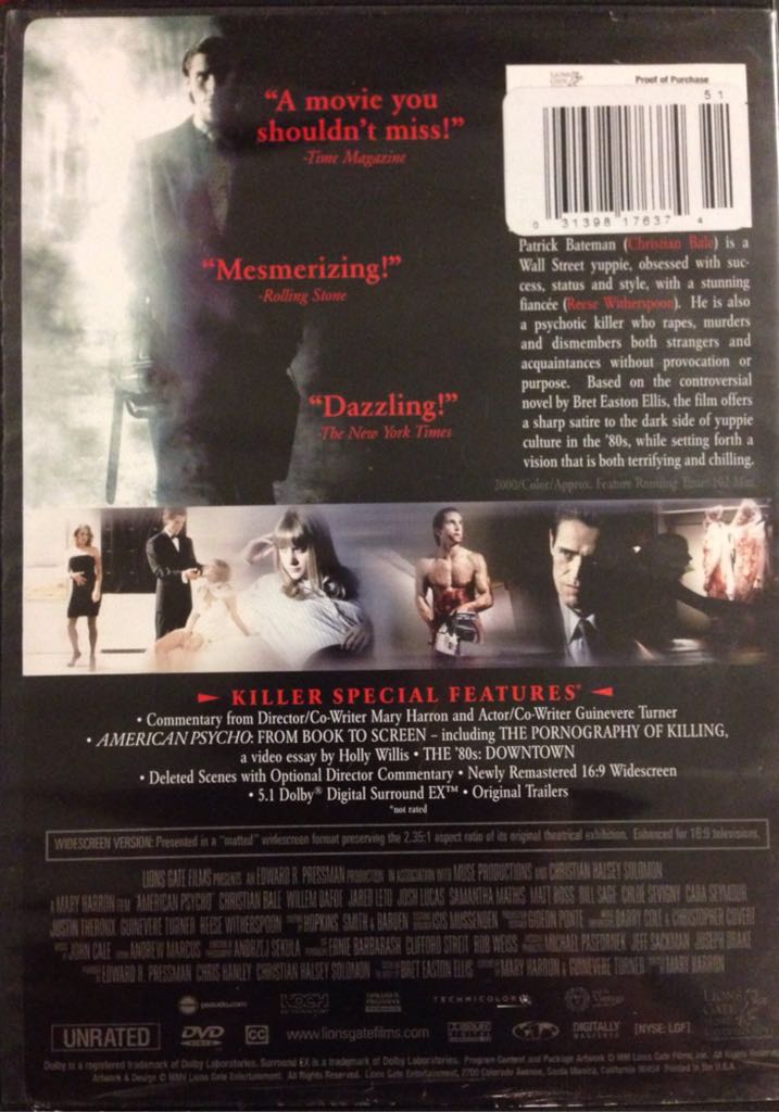 American Psycho (Uncut Version) DVD movie collectible [Barcode 031398176374] - Main Image 2