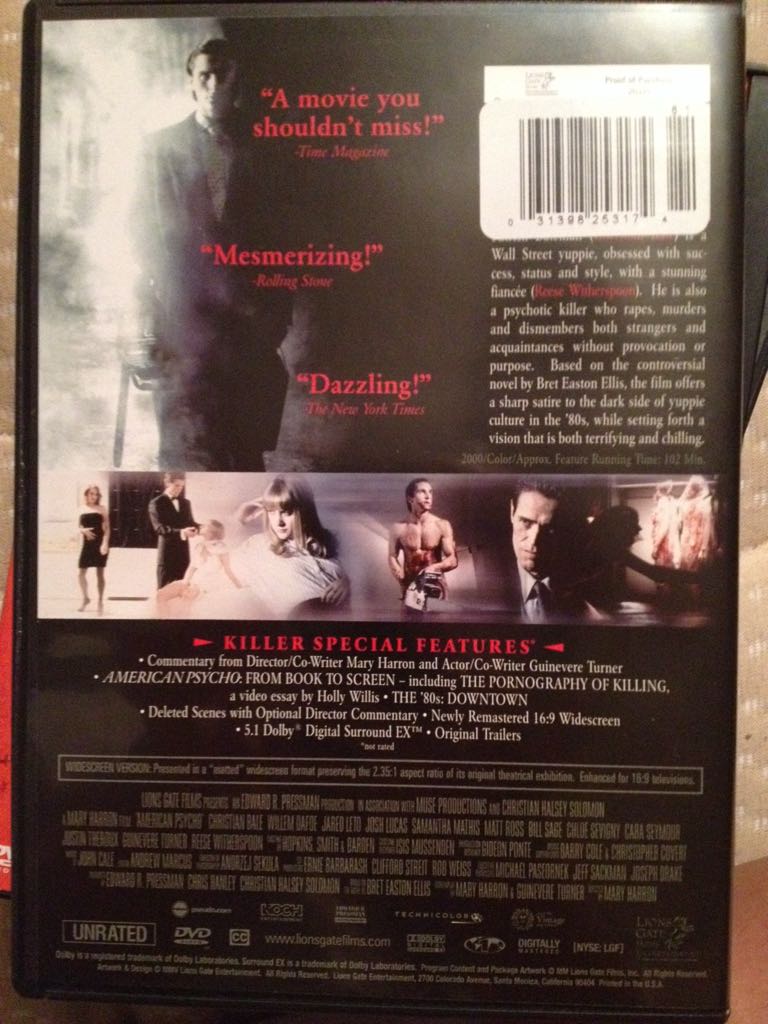 American Psycho Uncut Edition (Vudu) Blu-ray movie collectible [Barcode 031398253174] - Main Image 2