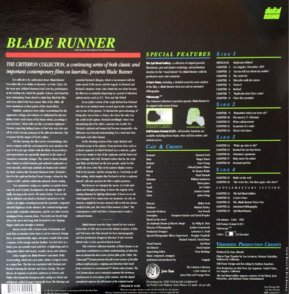 Blade Runner Laser Disc movie collectible [Barcode 715515000093] - Main Image 2