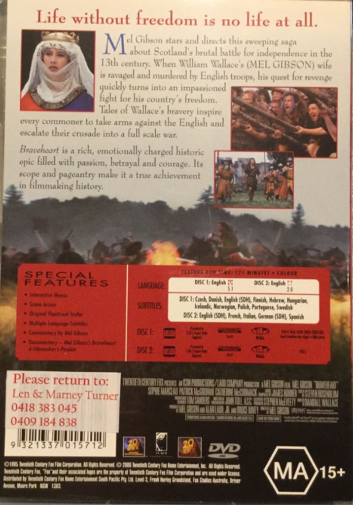 Braveheart (1995) DVD DVD movie collectible [Barcode 9321337015712] - Main Image 2