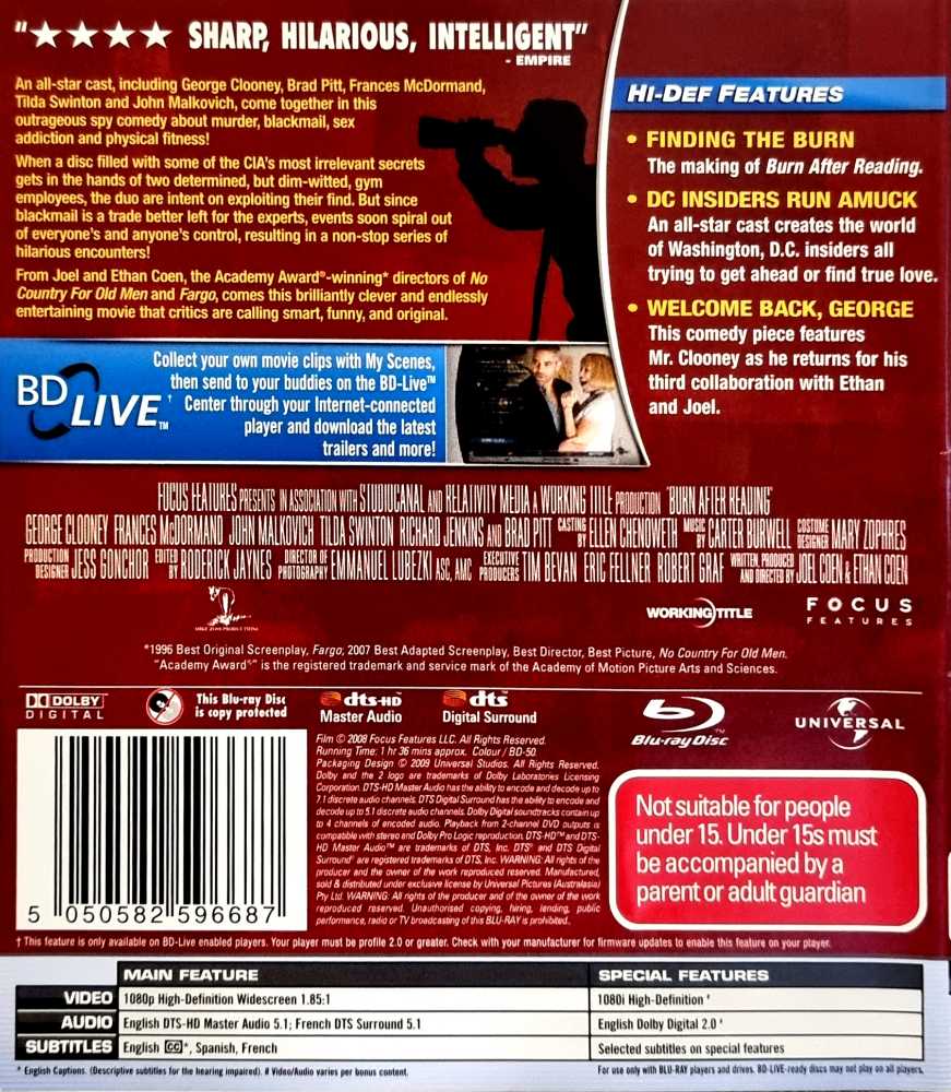 Burn After Reading Blu-ray movie collectible [Barcode 5050582596687] - Main Image 2