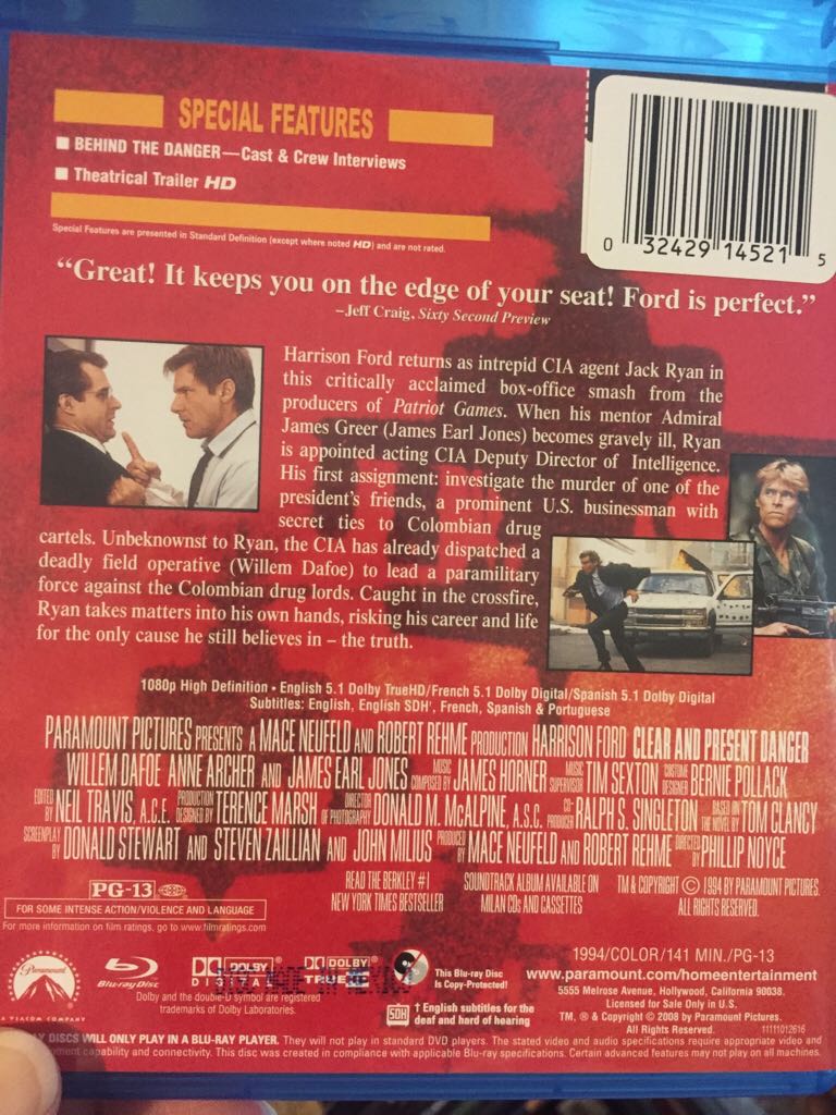 Clear and Present Danger - 1994 Digital Copy movie collectible [Barcode 032429145215] - Main Image 2