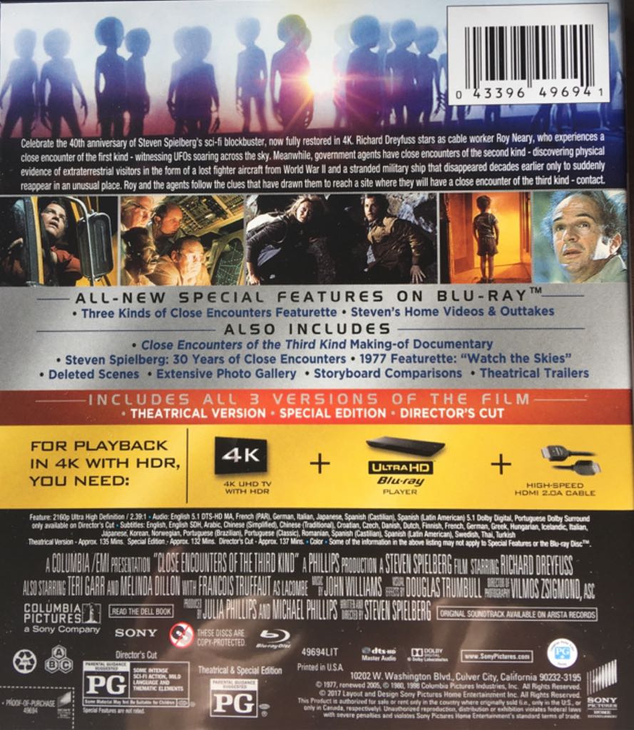 Close Encounters Of The Third Kind 4K Blu-ray movie collectible [Barcode 043396496941] - Main Image 2