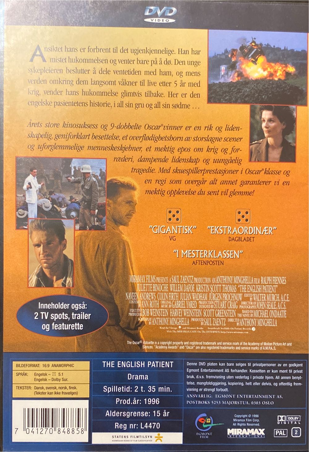 The English Patient - Den engelske pasienten (SP) DVD movie collectible [Barcode 7041270848858] - Main Image 2