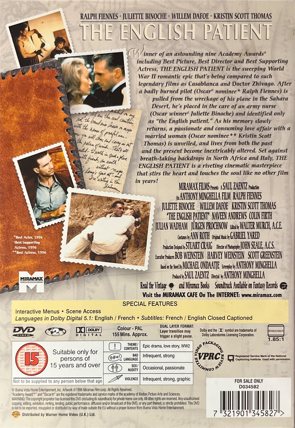 English Patient, The DVD movie collectible [Barcode 7321901345827] - Main Image 2
