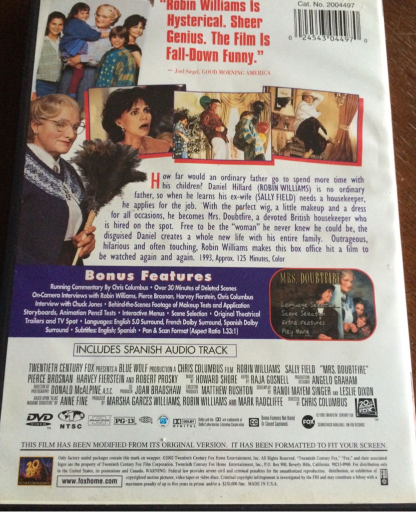 Mrs. Doubtfire DVD movie collectible [Barcode 024543044970] - Main Image 2