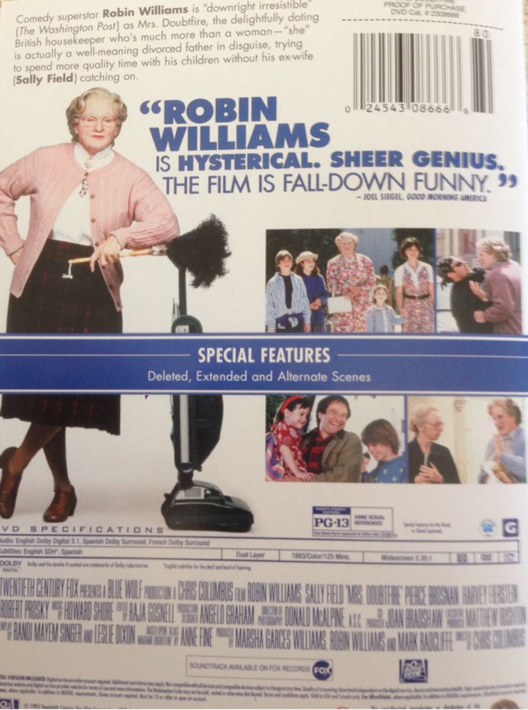 Mrs. Doubtfire DVD movie collectible [Barcode 024543086666] - Main Image 2